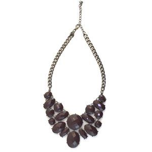 Cluster Statement Bib Necklace w/ Dark Purple Plastic Cabochons & Gunmetal Chain